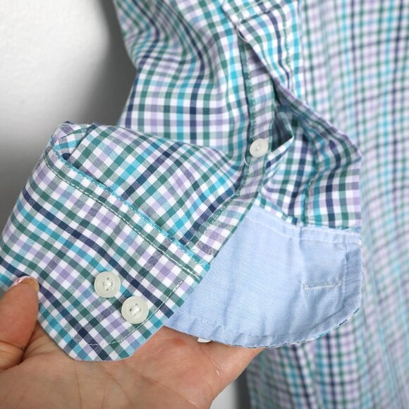 IZOD Check Button Down Shirt Non-Iron Stretch Long Sleeve Top Blue Green White - Picture 9 of 11